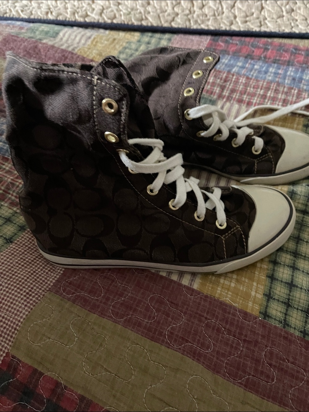 Coach Brown Logo High-Top Sneakers with White Accents
